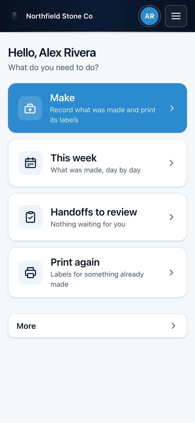 Simple mode home screen with Make, This week, Handoffs to review, and Print again