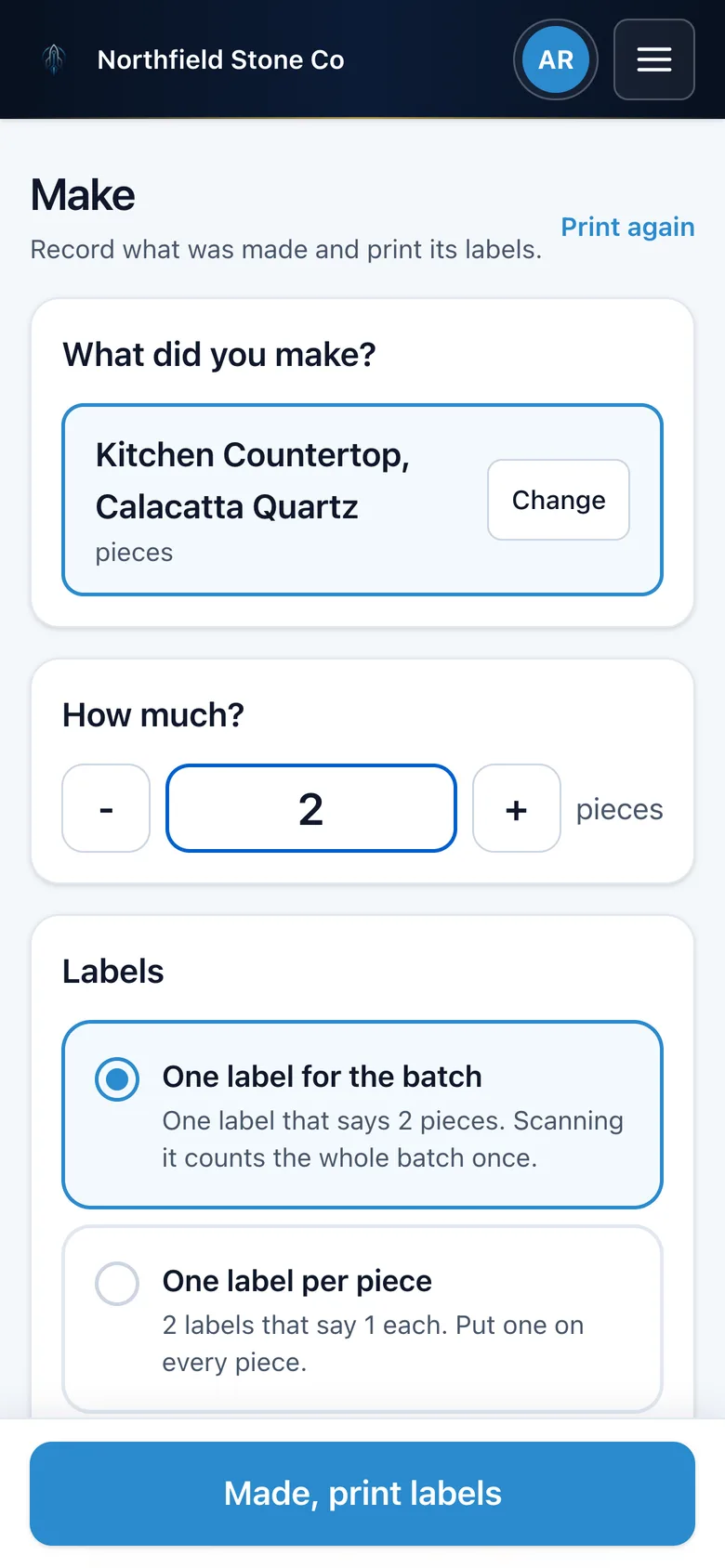 Make screen recording two kitchen countertops with one label for the batch